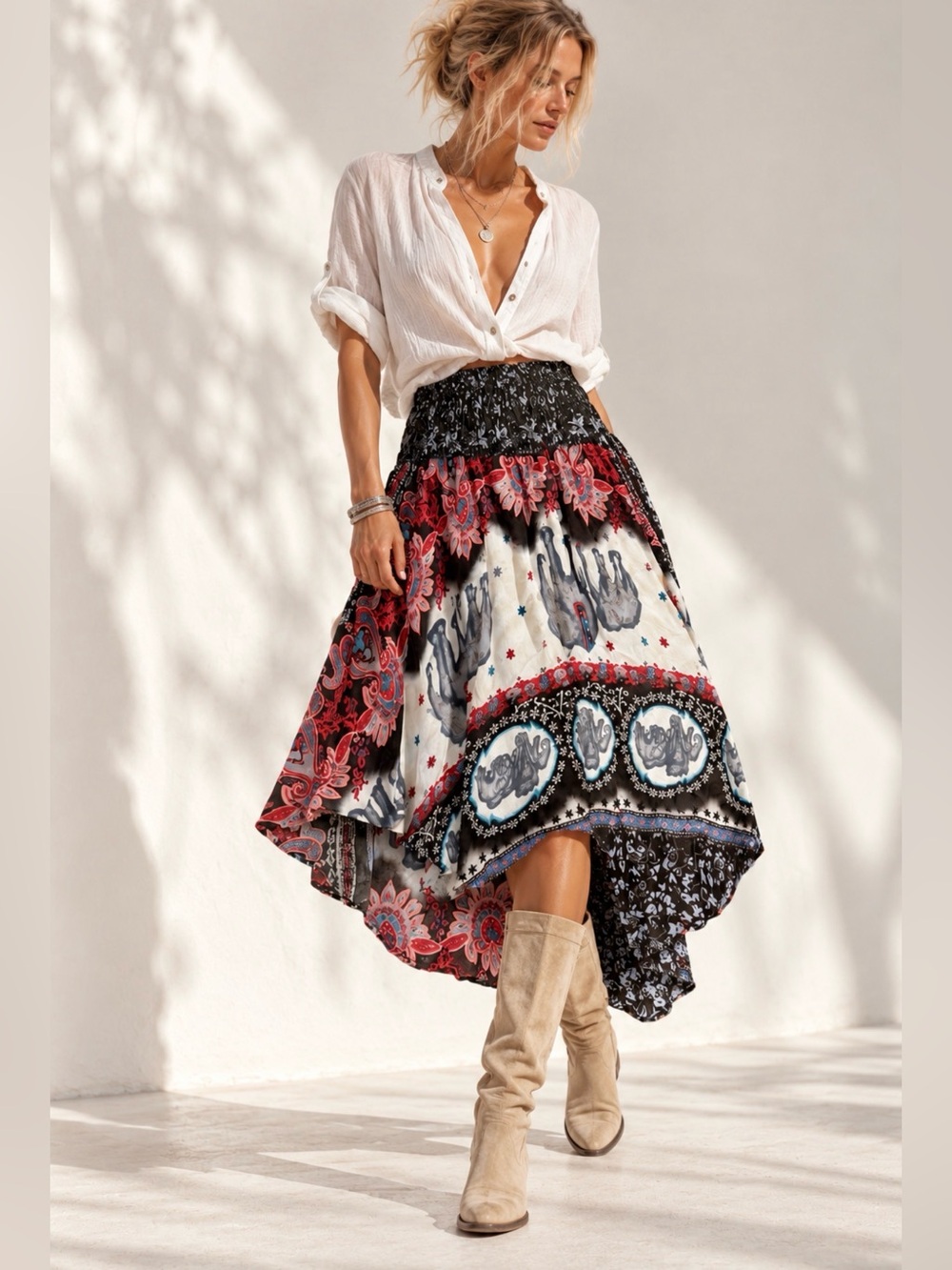 NWT Cotton Viscose Blend Boho Chic Elephant Print Asymmetrical Skirt Fits S–L